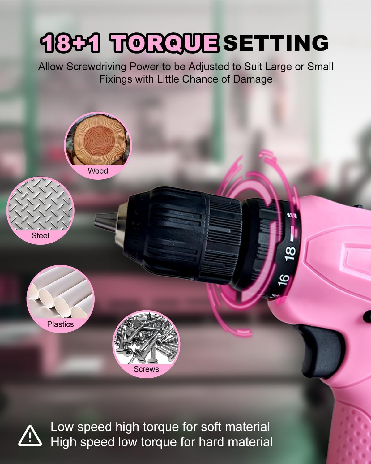 12V Cordless Drill Set with 2 Battery, Pink Drill for Women