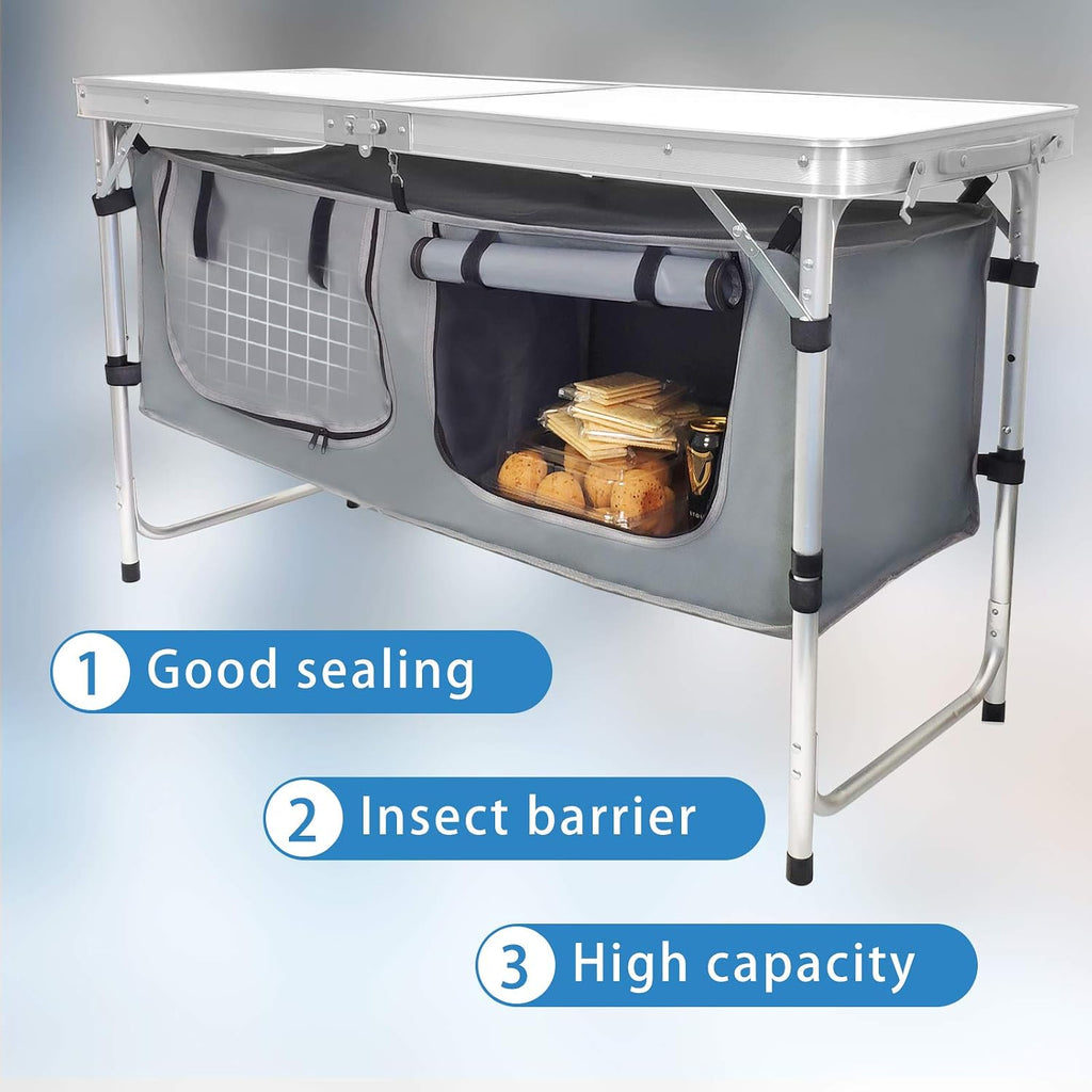 Folding Camping Table with Storage, Adjustable Height