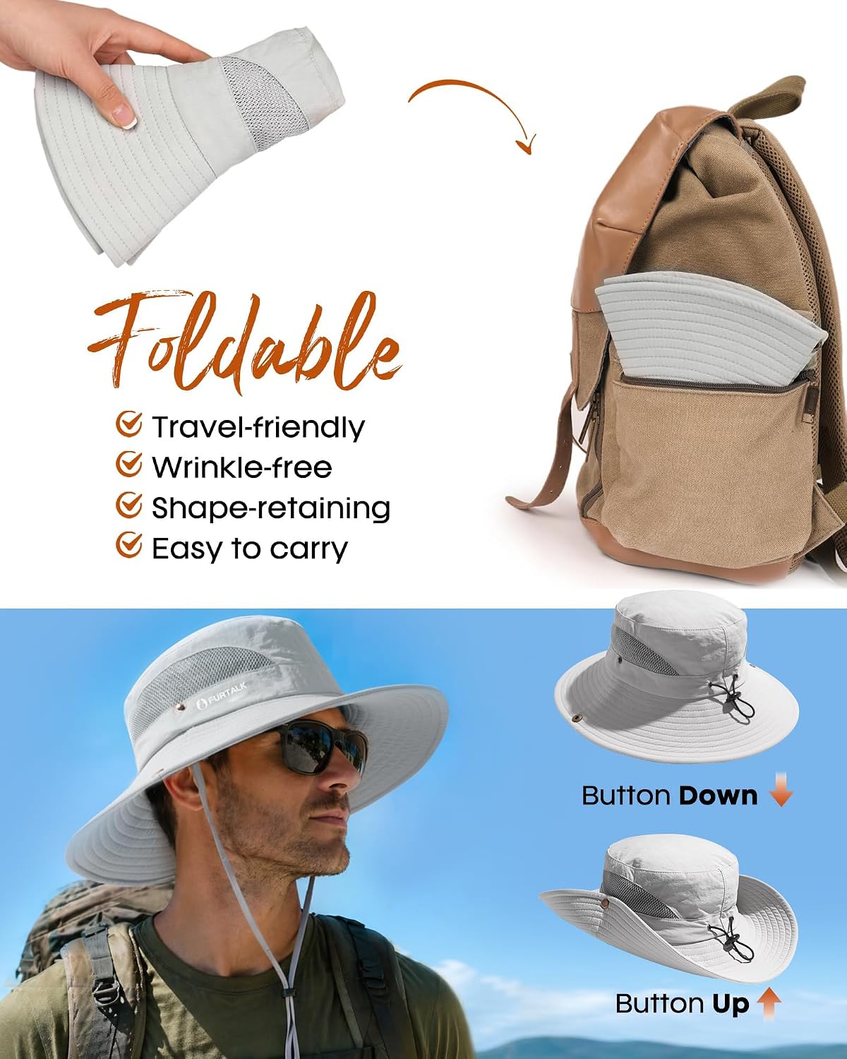FURTALK Mens Bucket Sun Hat UPF Protection Wide Brim Breathable Fishing Hat