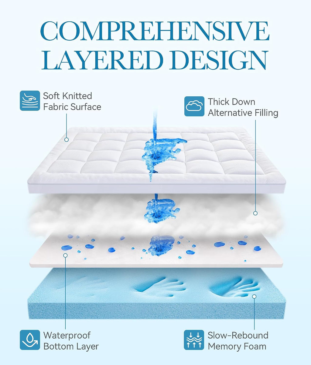 BDEUS Waterproof Dual Layer 3 Inch Memory Foam Mattress Topper Twin Size, 2 Inch Gel Memory Foam Plus 500 GSM Down Alternative Quilted Pillow Top Mattress Pad Cover for Kids, Pets