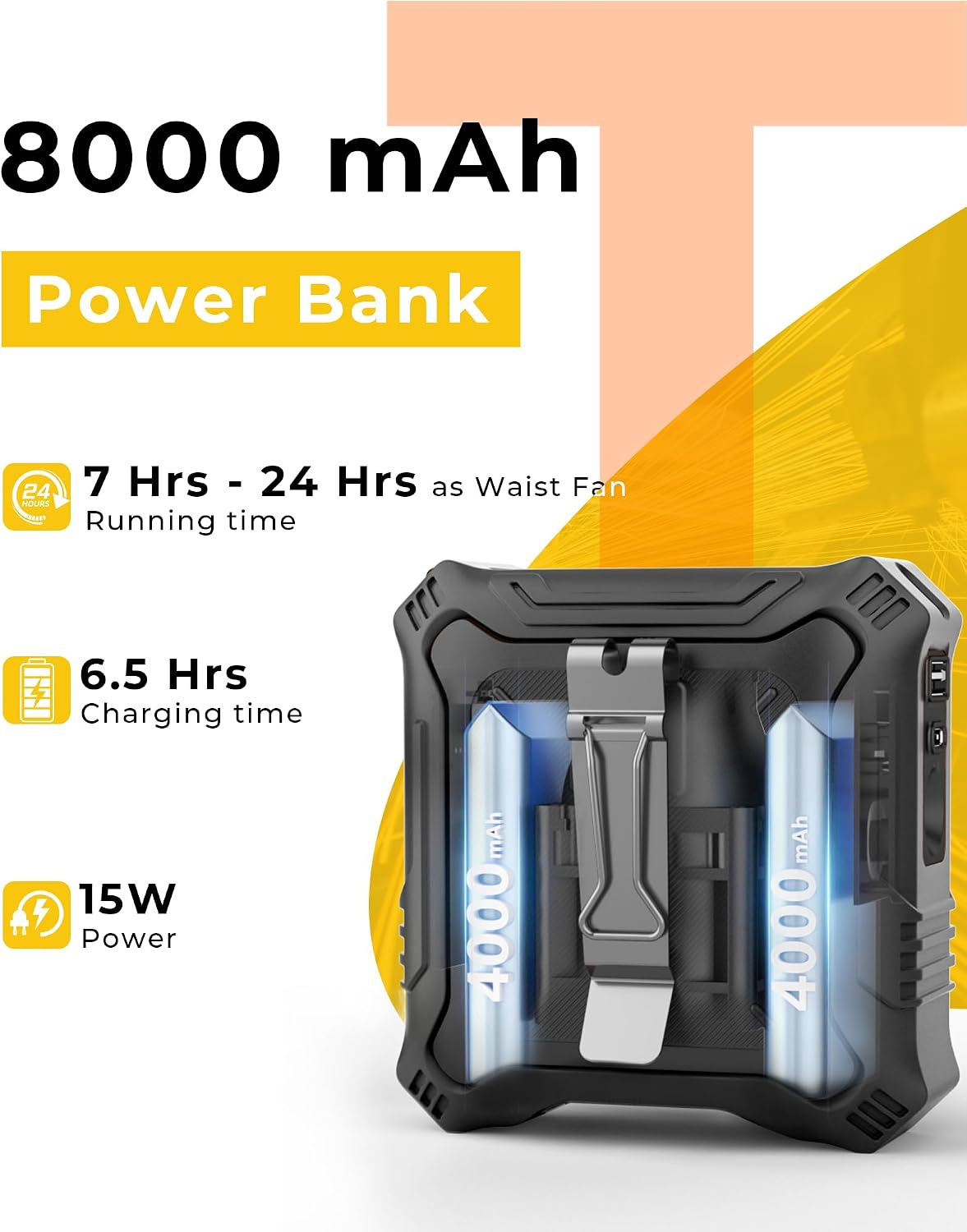 TUNISE Portable Fan with 5-Speed Settings, Dual-Sided Clip on Wearable Belt Waist Fan for 8000mAh, 2 Settings including Flashlight,Travel Essential for Outdoor Camping as Power Bank