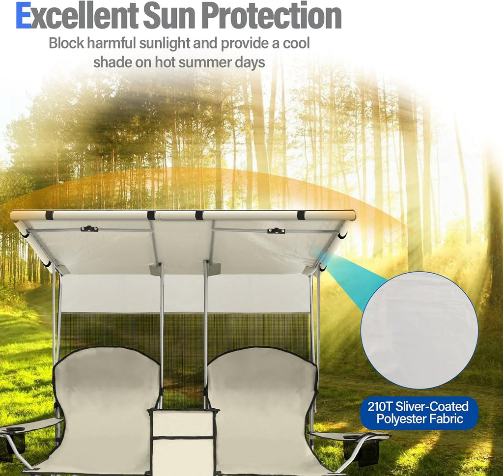 Double Camping Chair with Canopy,Beach Chair Support 600LBS,White