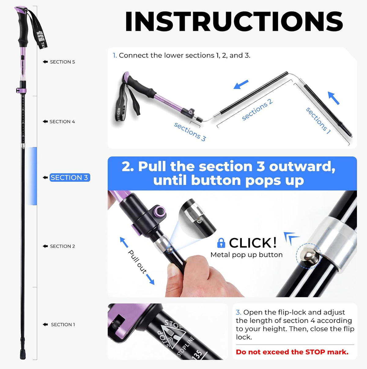 Trekking Poles for Hiking - Collapsible Lightweight 7075 Aluminum Hiking Poles (9.5 oz), EVA Grip Tri-Fold Walking Sticks for Seniors, Men & Women, Adjustable 43-53" (Set of 2)