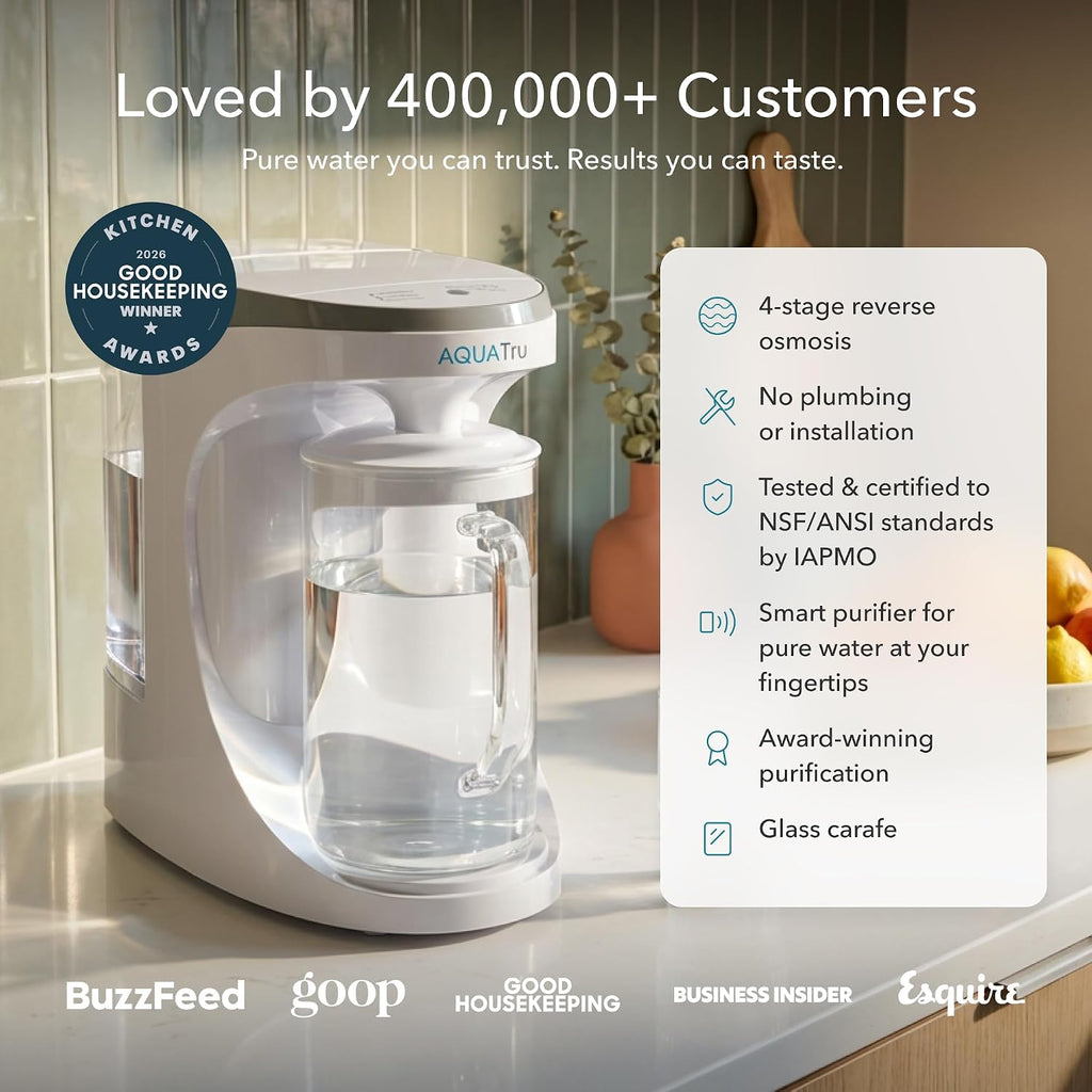 AquaTru Glass Carafe Smart Countertop Reverse Osmosis Water Purifier | WiFi Connected RO System | Removes 84 Contaminants Including PFOA + PFOS (PFAS), Lead and Microplastics | No Plumbing Required