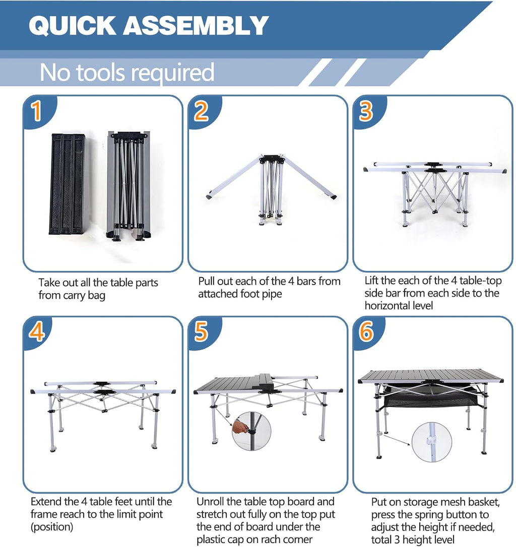 Ablazer Adjustable Aluminum Camping Table, 48.8-Inch Roll-Top