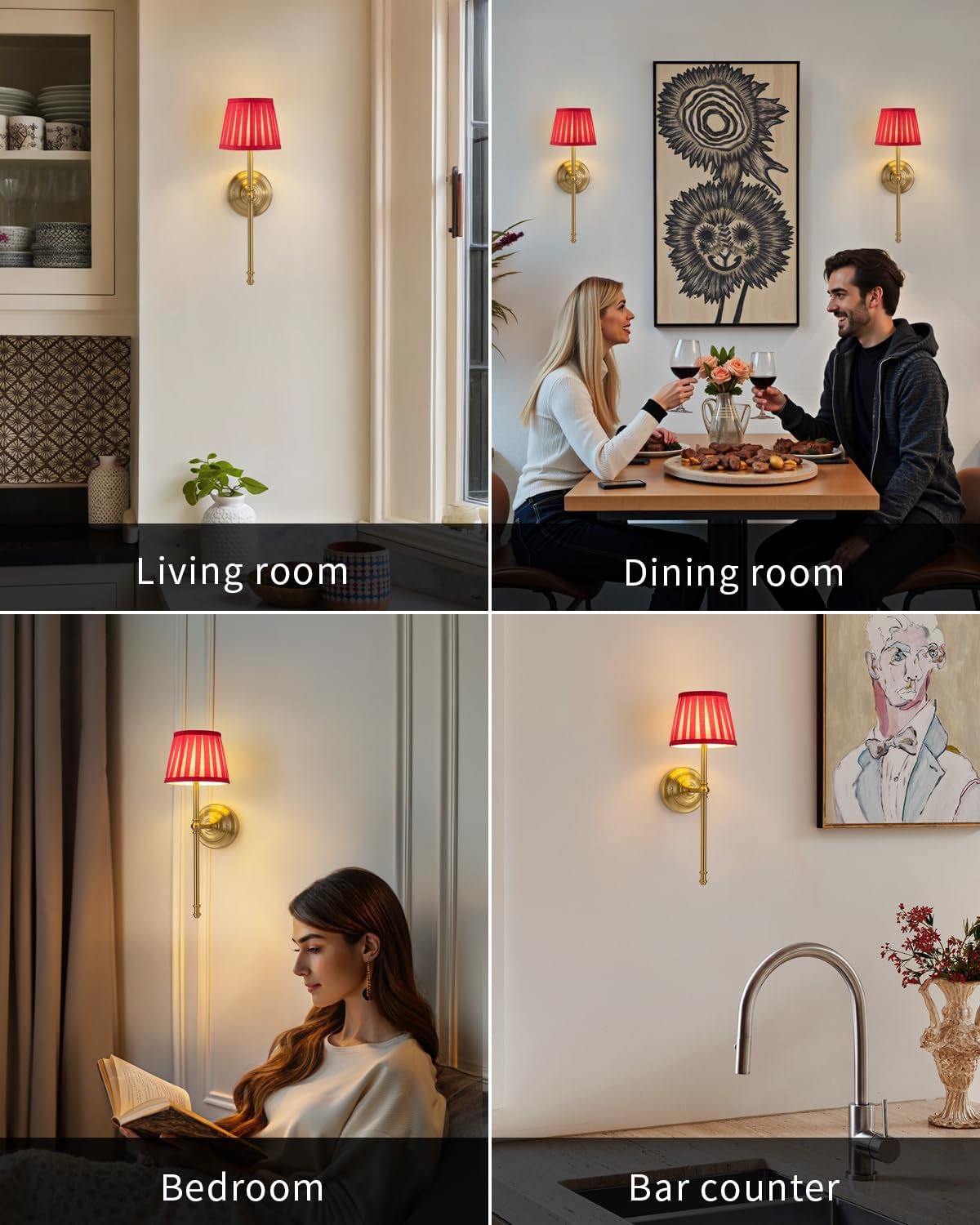 KDG Gold Cordless Wall Sconces Set of 2, Red Fabric LED Wall Lamps