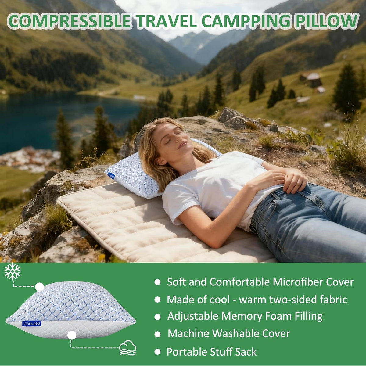 Travel Pillow - Large 2 Pack Compressible Camping Pillow for Sleeping - Shredded Memory Foam with 2 Storage Bags - Supportive for Adults, Kids, Outdoor, Backpacking, Hiking Gear