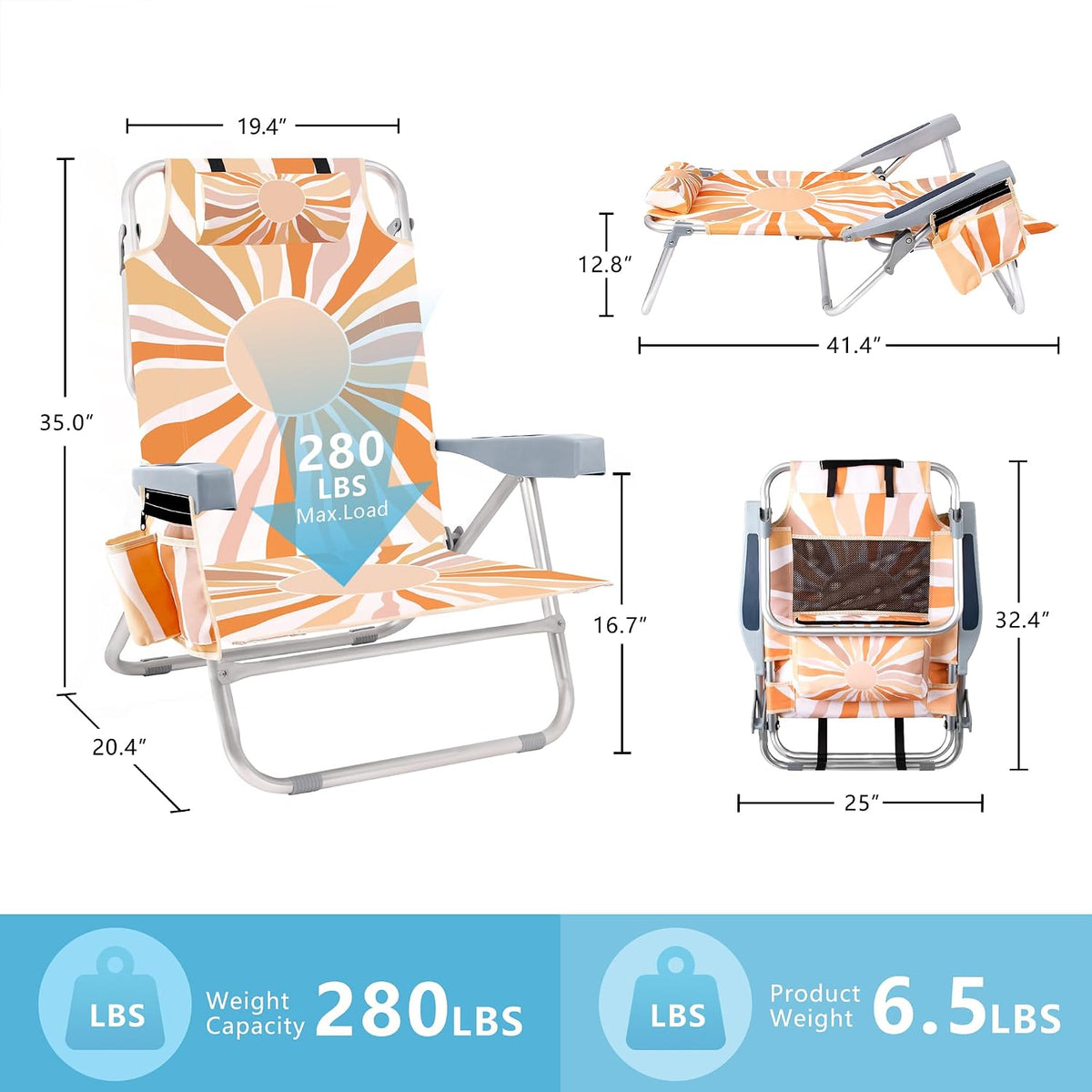 Boho Sun Beach Chairs for Adult, Folding Backpack Beach Chairs with Cooler-2 Pack