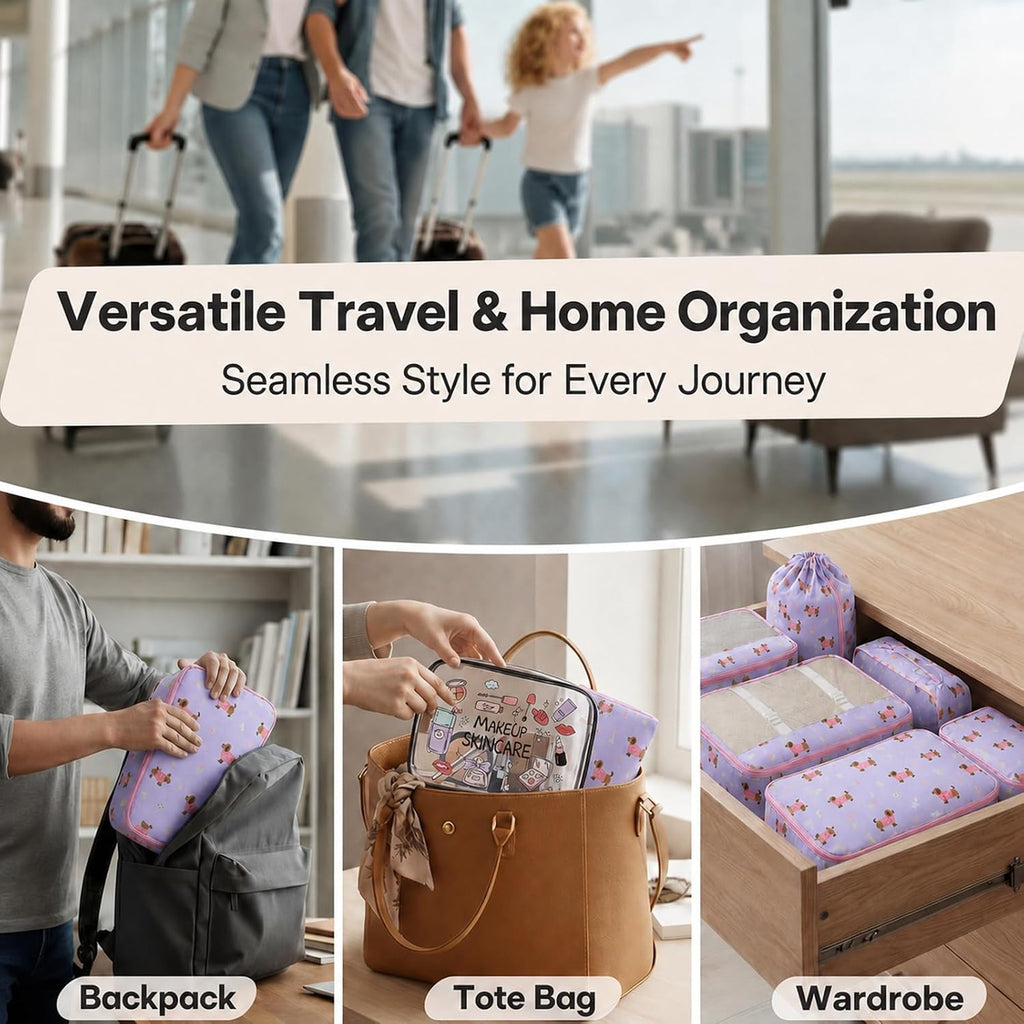 8 Set Packing Cubes for Travel, Durable Luggage Packing Organizers, Carry-On Accessories, TSA Approved See-Through Cubes, Space-Saving Storage Bags, Gifts for Women (Purple Dog)