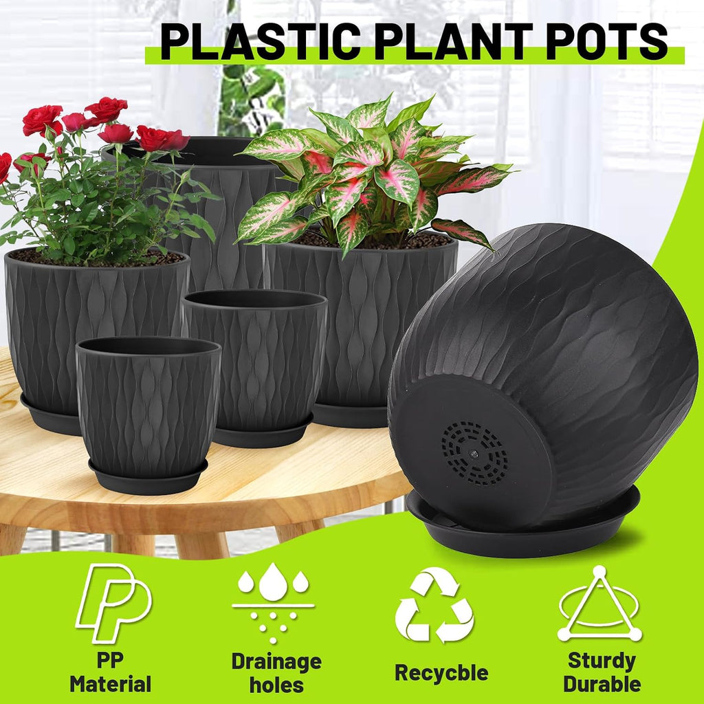 Plastic Plant Pots 10/9/8/7.5/7 inch Set of 5, Flower Planters with Drainage Holes and Saucers, Plastic Pots for Indoor Outdoor Plants, Livingroom Garden Decor (Black)