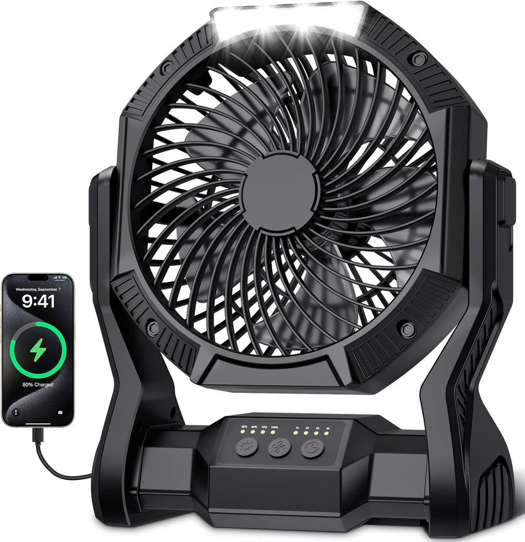 Portable Rechargeable Fan, 20000mAh Battery Powered Camping Fan with LED Light & Hook, 270° Adjustable, 4-Speed, 4H Timer Camping Essentials for Outdoor Tent Travel BBQ Car, Gifts for Men Dad