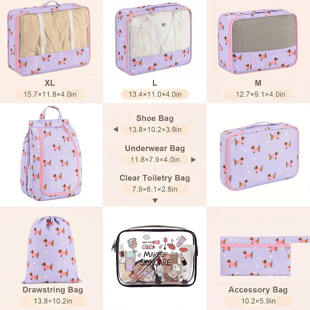 8 Set Packing Cubes for Travel, Durable Luggage Packing Organizers, Carry-On Accessories, TSA Approved See-Through Cubes, Space-Saving Storage Bags, Gifts for Women (Purple Dog)