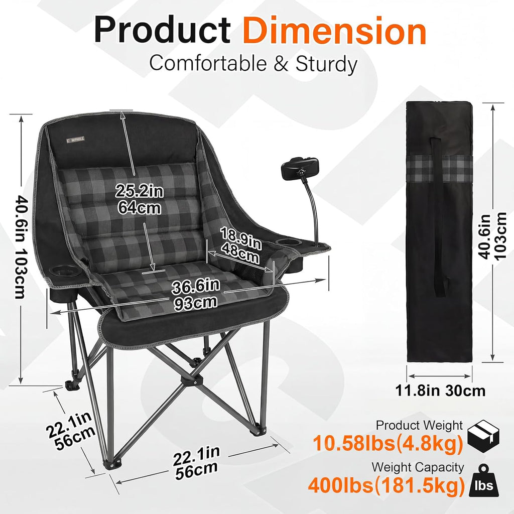 Oversized Camping Chairs for Adults- Heavy Duty Extra Large Lawn Chair,Folding Comfy Padded Camp Chair for Outdoor Sports Garden Beach,Wide&Thick,Black Plaid