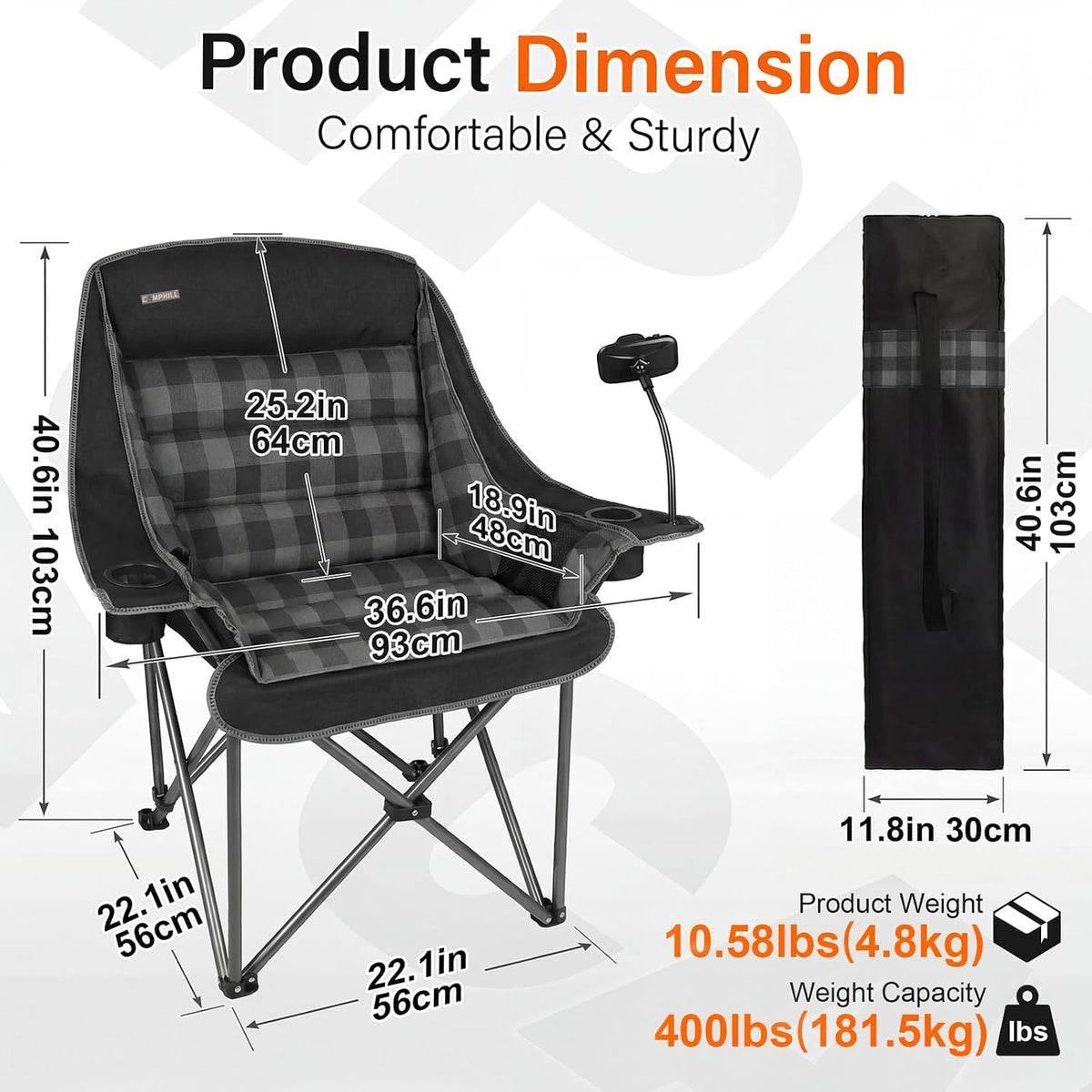 Oversized Camping Chairs for Adults- Heavy Duty Extra Large Lawn Chair,Folding Comfy Padded Camp Chair for Outdoor Sports Garden Beach,Wide&Thick,Black Plaid