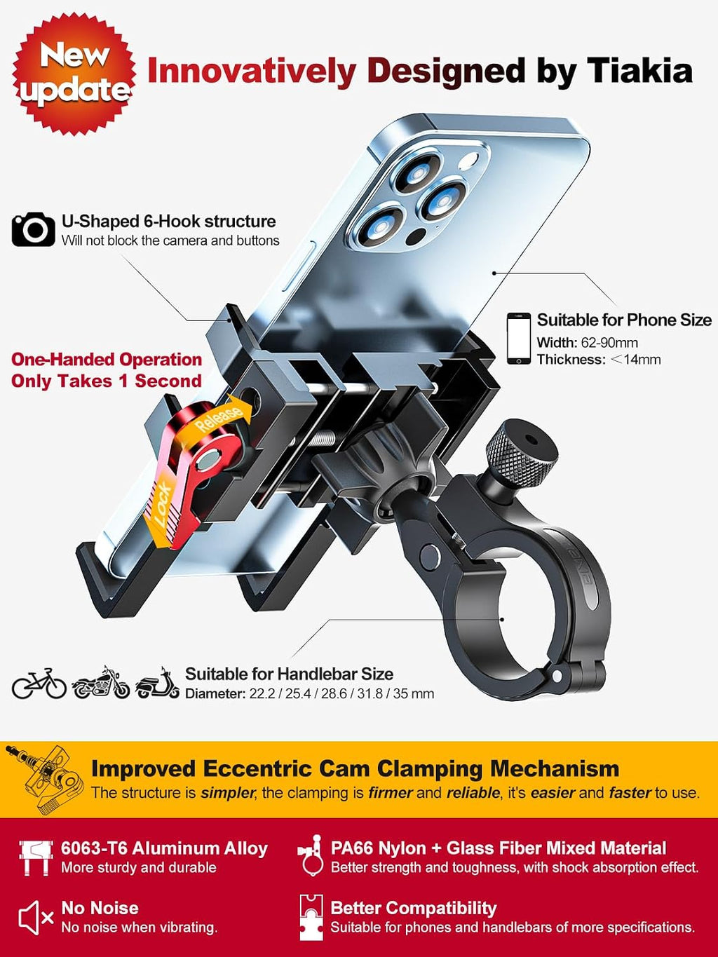 Tiakia Bike Phone Mount Holder, 360° Rotation for 4.5-7 Inch Handlebar