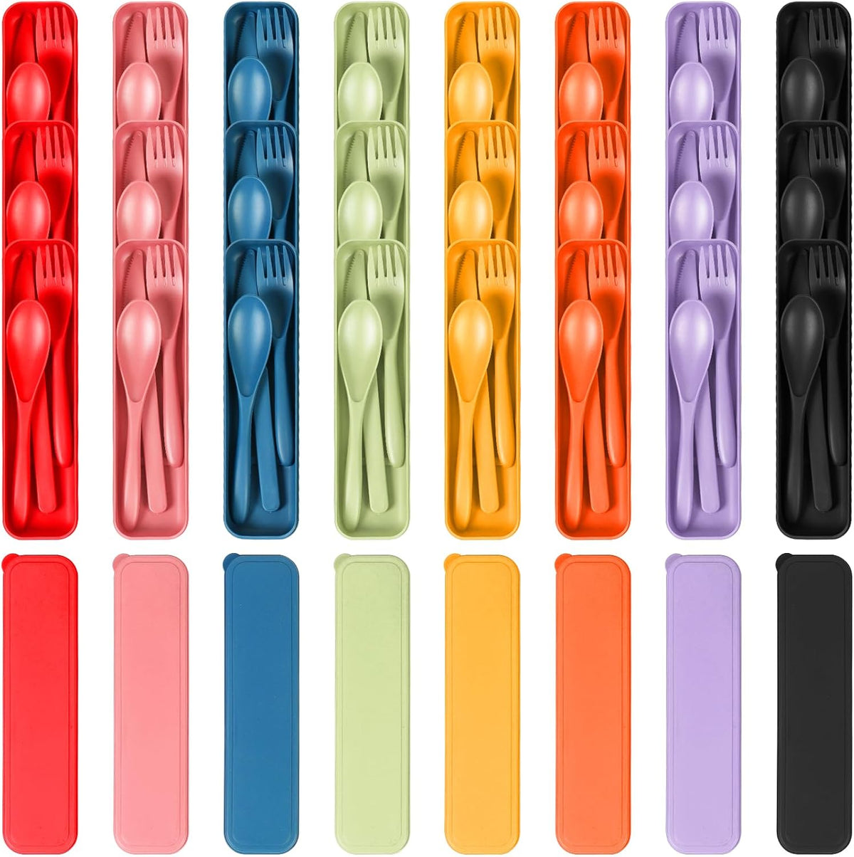 YDYTOP Reusable Travel Utensils Set with Case, 24 Sets Wheat Straw Knife Fork Spoon Cutlery, Multicolor Plastic Silverware for Kids and Adults, School Lunch, Party, Picnic and Camping