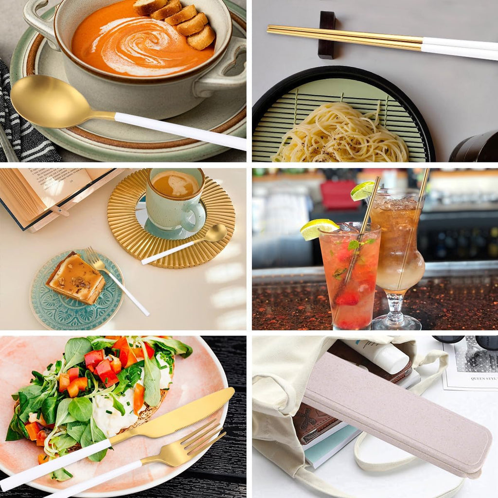 AARainbow 8 Pieces Stainless Steel Flatware Set Portable Reusable Cutlery Set Travel Utensils Set Including Chopsticks Knife Fork Spoon Straws Cleaning Brush Dishwasher Safe (B-White Golden)