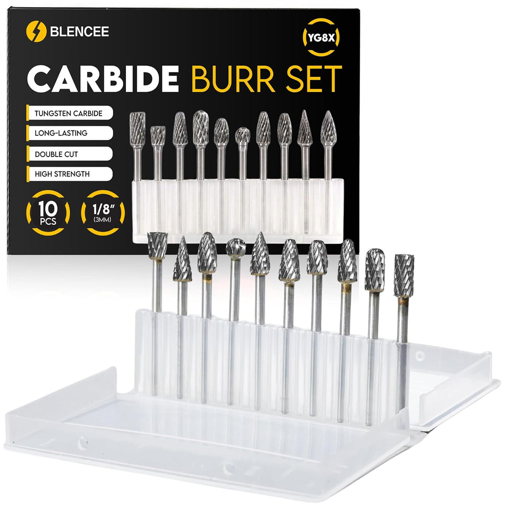 10Pcs Carbide Burr Set - 1/8" Shank Tungsten Die Grinder Bits, Double Cut - Compatible with Dremel & Milwaukee - Cutting, Engraving, Deburring - Rasp Accessories - Metal, Steel, Aluminum