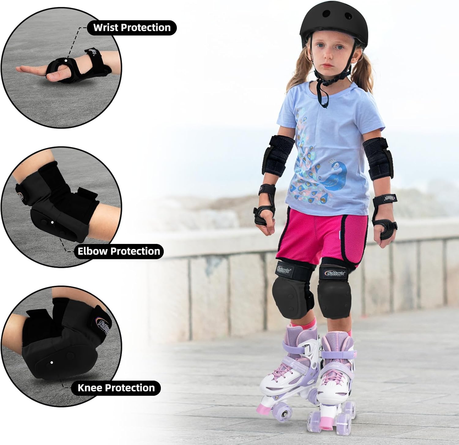 Nattork Knee Pads for Kids Youth Audlt，Knee and Elbow Pads with Wrist Guards 6 in 1 Protective Gear Set for Skateboard, Roller Skate, Inline Skates, Cycling and Scooter Boys Girls