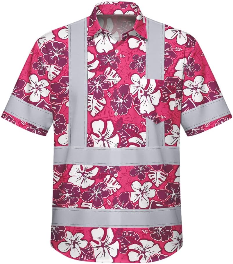 High Visibility Hawaiian Shirt for Men Tropical Shirts Custom Name Floral Outfit Reflective Safety Workwear