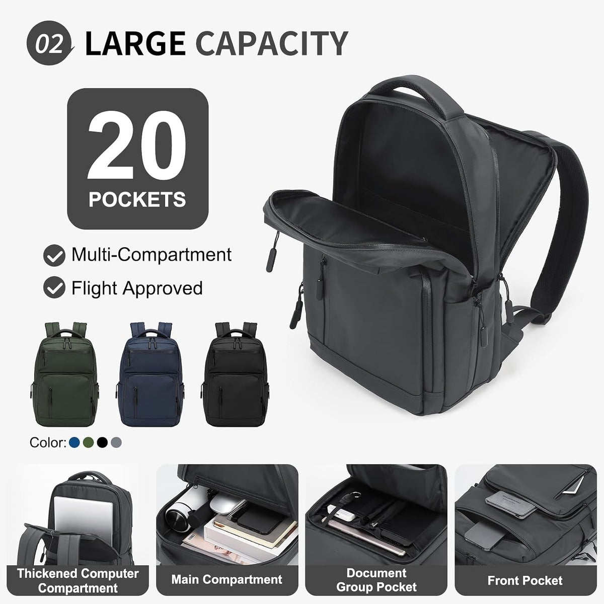 20L 15.6 Inch Laptop Backpack Anti Theft Flight Approved Gray
