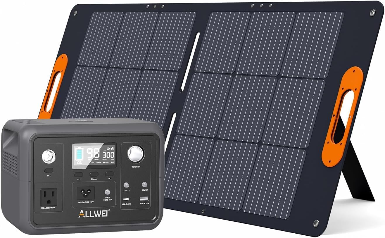 ALLWEI 300W 256Wh Power Station + 100W Solar Panel, LiFePO4 Solar Generator