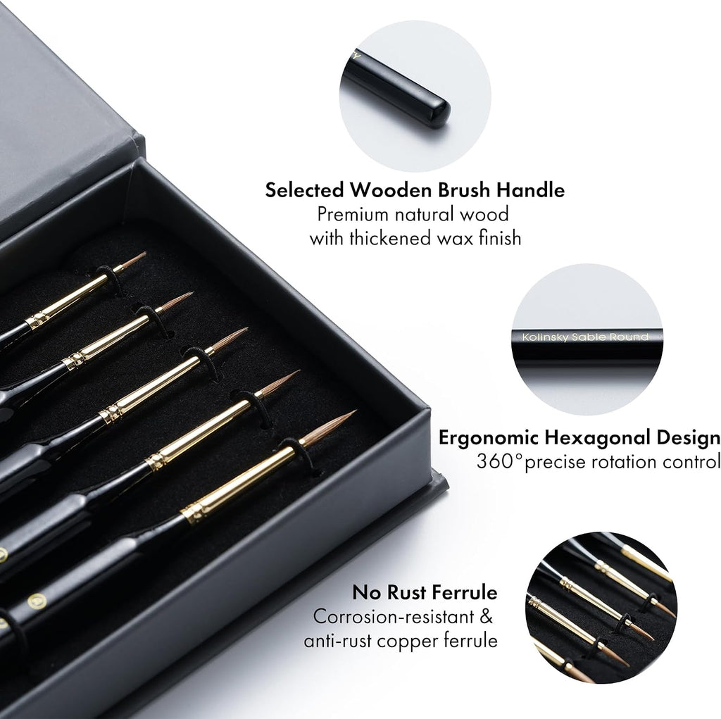 Artify Detail Paint Brushes, 100% Kolinsky Sable Micro Paint Brushes - Master Series, Ultra Fine Tips Paint Brush Set, High Precision for Models/Crafts, Detailing for Watercolor, Gouache & Ink