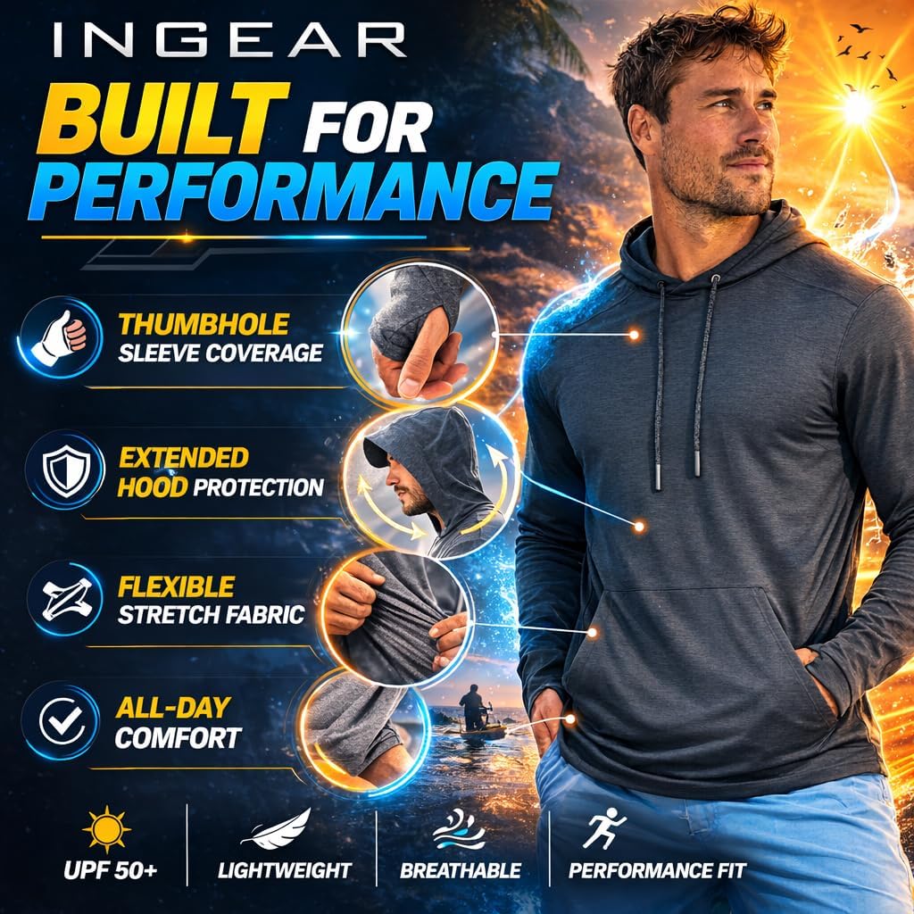 INGEAR Sun Shirts for Men - Lightweight SPF 50+ UV Protection Hoodie with Pocket for Fishing, Running, Hiking, Swim Rashguard Marina Blue