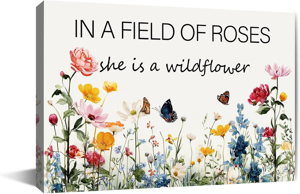 In a Field of Roses She is a Wildflower Nursery Canvas Wall Art Decor for Baby Girl Room Pink Toddler Poster Children's Floral Boho Bedroom Framed 8 * 12 Inch