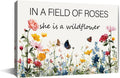 In a Field of Roses She is a Wildflower Nursery Canvas Wall Art Decor for Baby Girl Room Pink Toddler Poster Children's Floral Boho Bedroom Framed 8 * 12 Inch