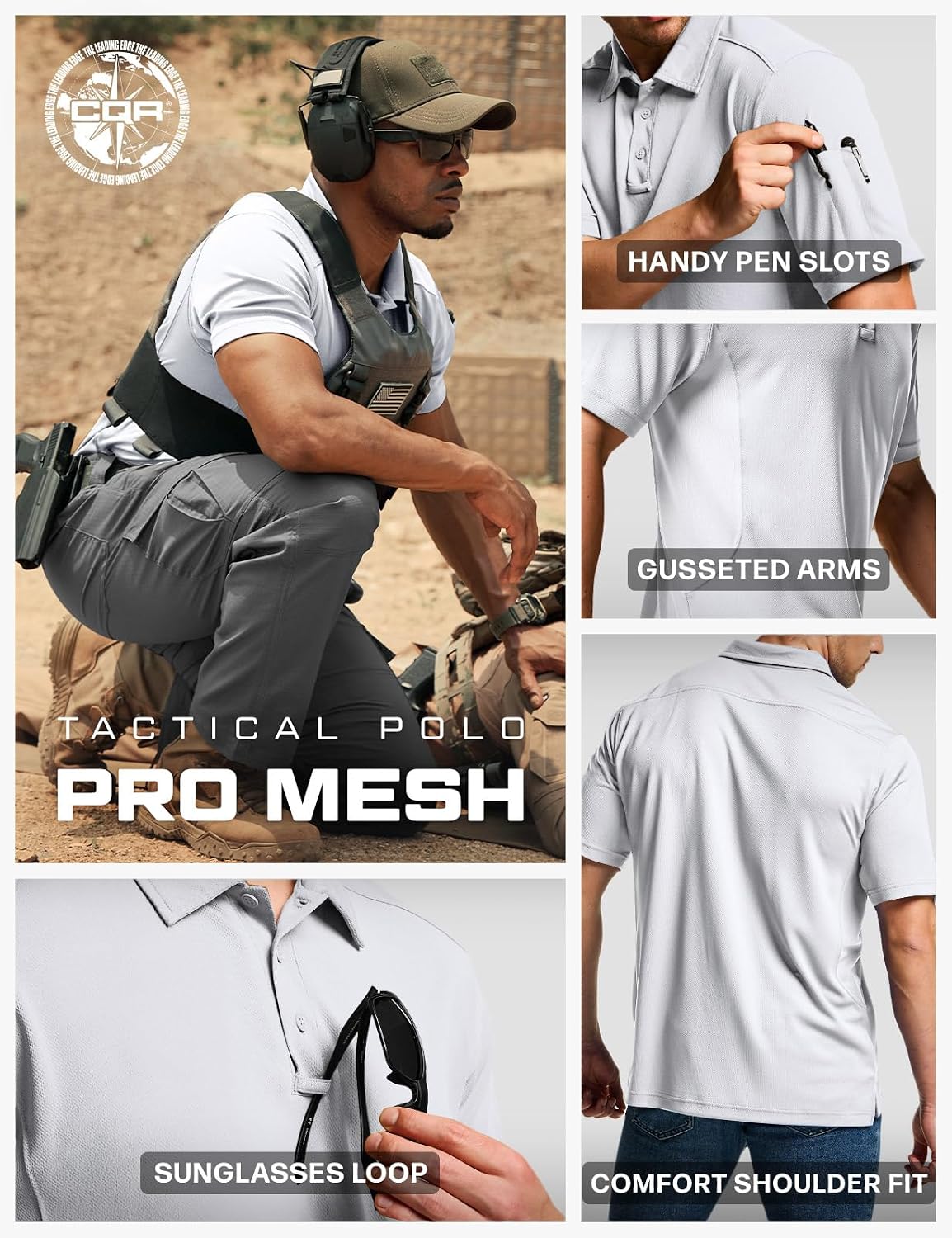 CQR Men's Quick Dry Tactical Polo Shirt, Lightweight Breathable Performance Polo, Short Sleeve UPF 50+ Outdoor Golf Shirt