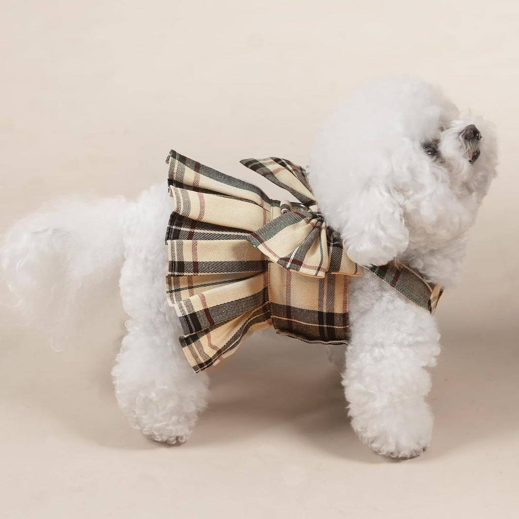 PUPTECK Classic Plaid Dog Dress with Bowknot Harness and Leash Set S