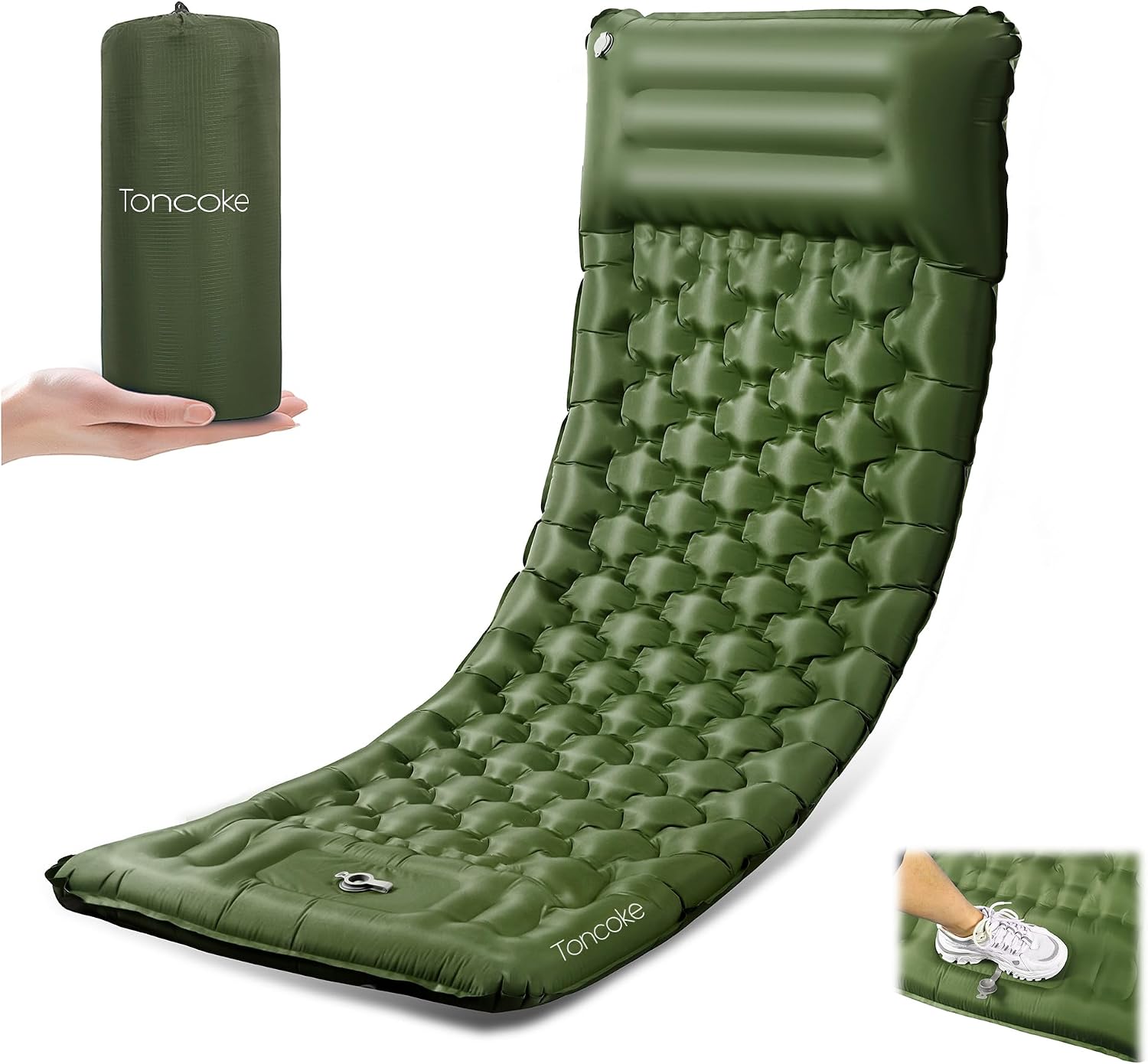 Toncoke Sleeping Pad, 4.7" Extra-Thick & Ultralight Inflatable Camping Mat with Pillow, Built-in Foot Pump, Compact for Backpacking, Camping, Hiking, Travel —Military Green