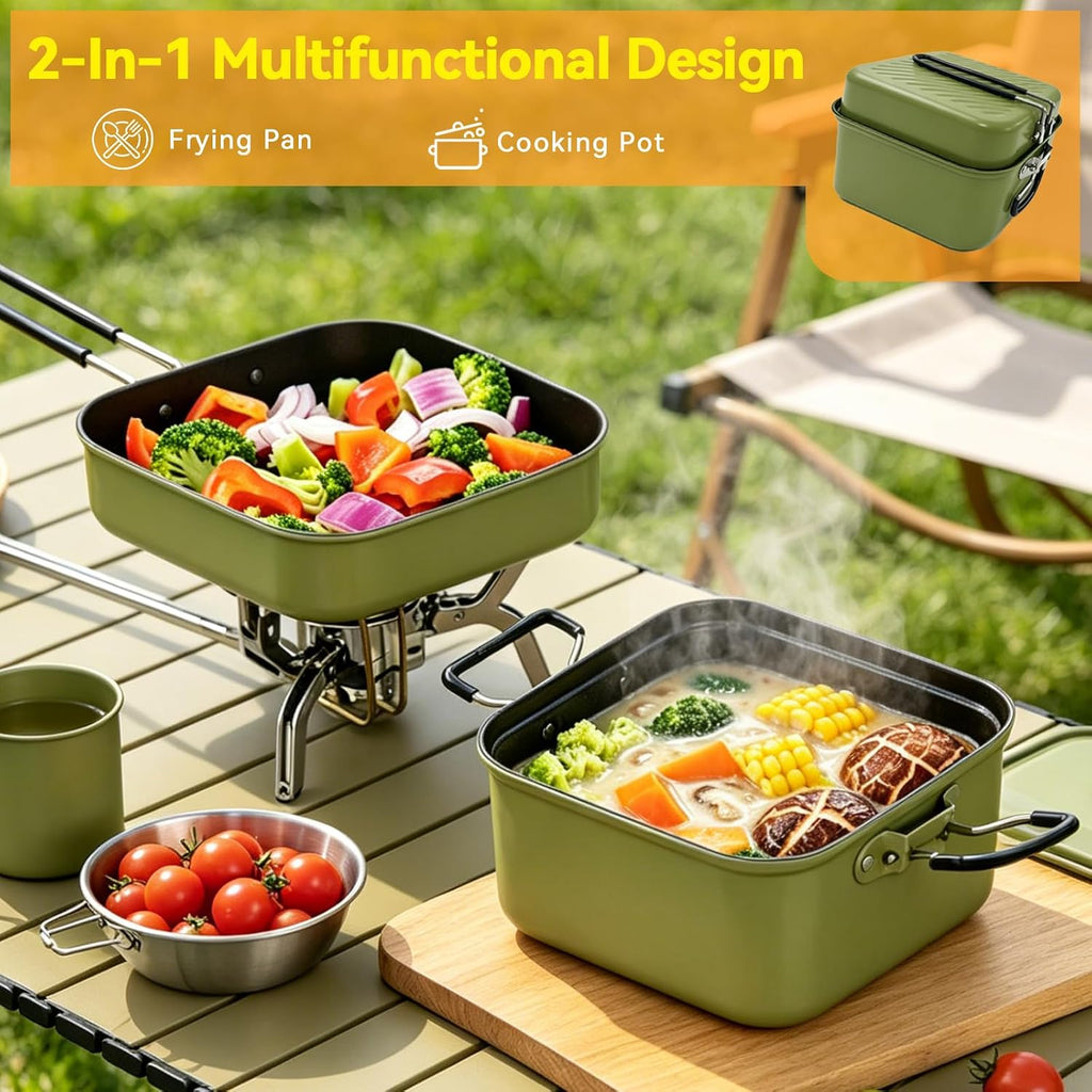 2 Burner Camping Stove with 2-In-1 Cookware Set, 24000 BTU Propane Gas Stove, Foldable Camp Stove with Frying Pan, Pot, Windshield & Carry Bag, Camping Essentials for Picnic, RV, Camp kitchen, Green
