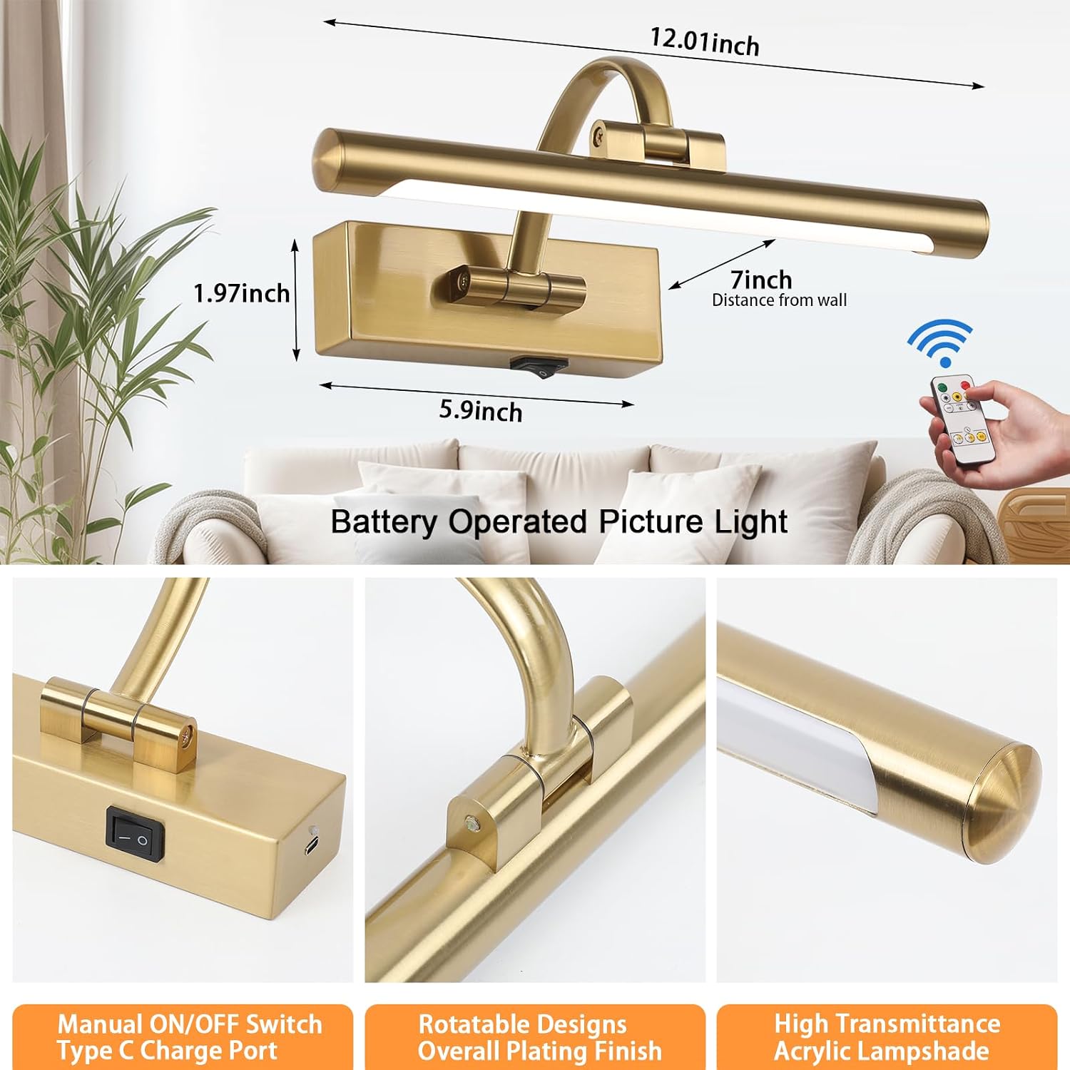 Tassuowell Rechargeable Picture Light with Remote Control,12 Inch Brass Finish Adjustable Wireless Art Lighting Fixture,Painting Lights with Timer,3 Color Temperature and Dimmable