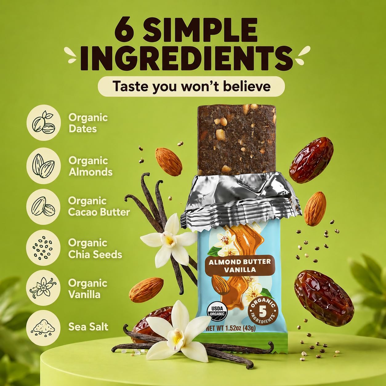 Bearded Brothers Vegan Organic Energy Bars, Almond Butter Vanilla, 12 Pack