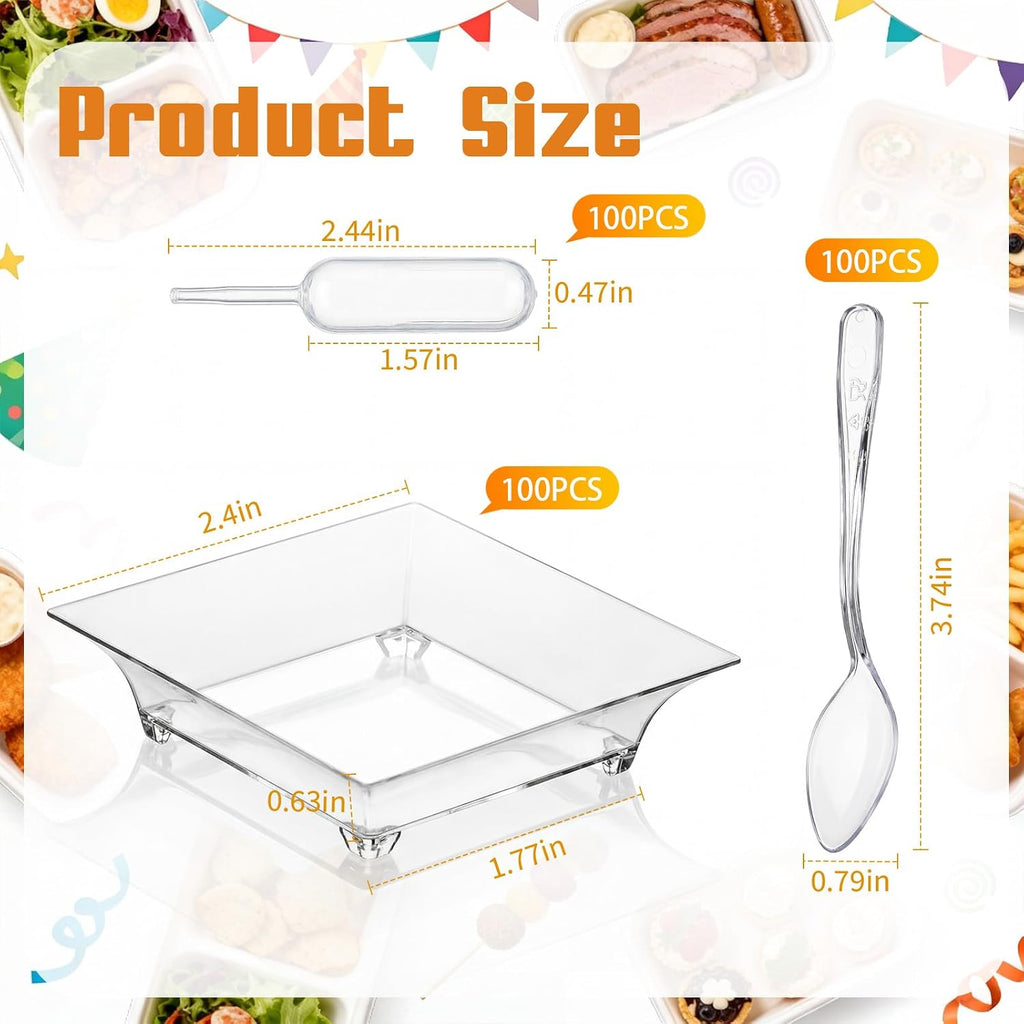 Mifoci 100 Set Mini Dessert Plates Spoon and Pipette, Square Plate & Spoon