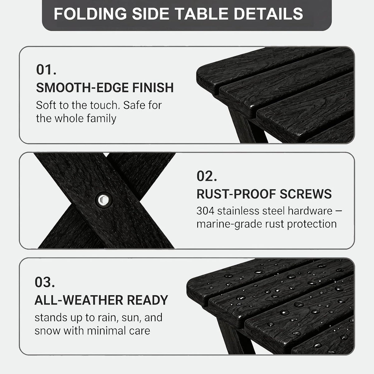 Folding Outdoor Side Table,Small HDPE Patio Table,All-Weather Compact Portable End Table for Patio,Porch,Pool,Black,11.8" D x 15.7" W x 15.7" H