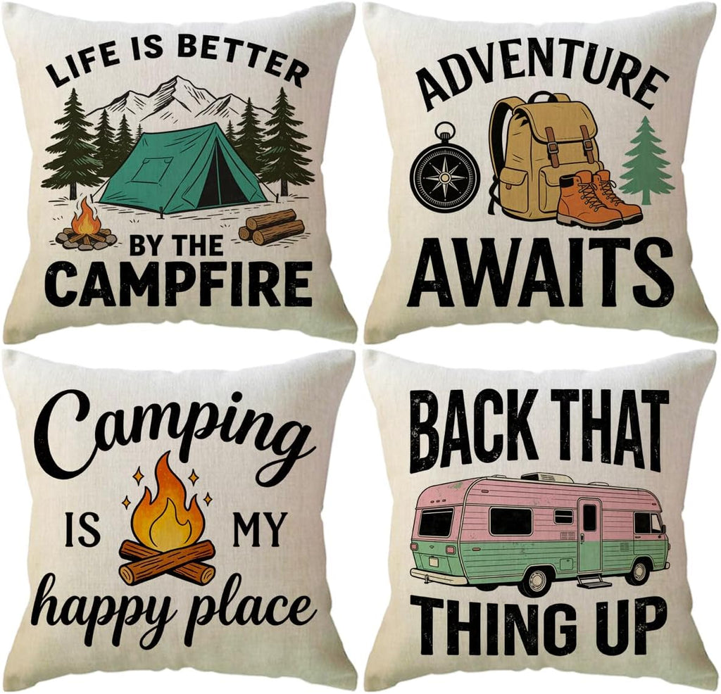 ULOVE LOVE YOURSELF Camping Throw Pillow Covers 4Pack Outdoor Campfire Adventure Decorative Pillowcases Rustic Camper Cushion Covers 18 X 18 Inch for Camper, Cabin Home Decor(Yellow/Green)