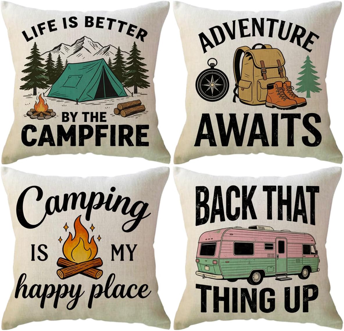 ULOVE LOVE YOURSELF Camping Throw Pillow Covers 4Pack Outdoor Campfire Adventure Decorative Pillowcases Rustic Camper Cushion Covers 18 X 18 Inch for Camper, Cabin Home Decor(Yellow/Green)