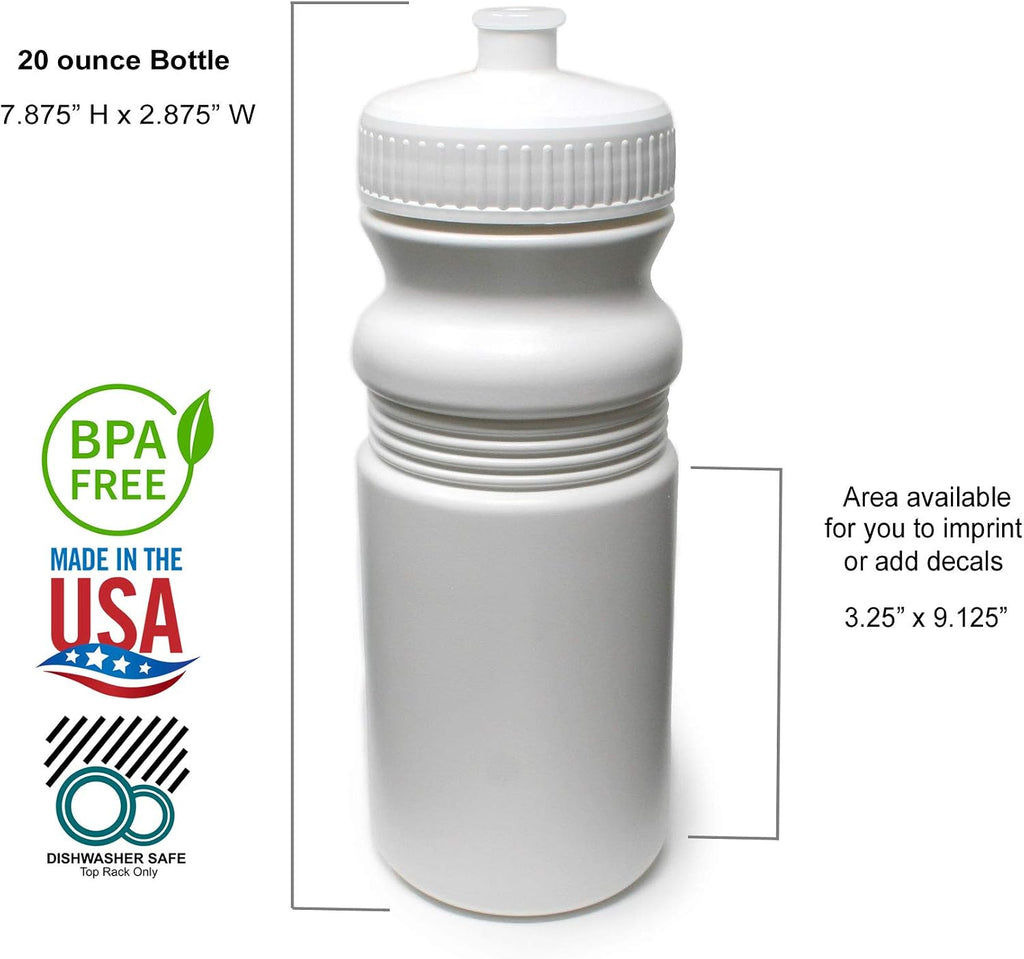 Rolling Sands Reusable Bulk Water Bottles 100 Pack - 20 Oz Sports Water Bottles, USA Made, BPA-Free, Wide Mouth for Easy Cleaning, Dishwasher Safe, Break Resistant