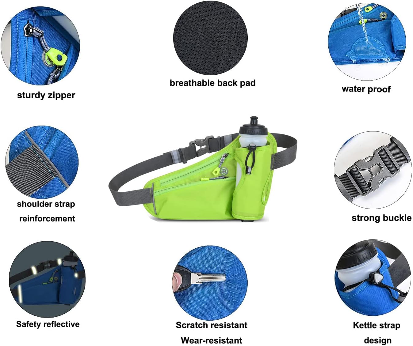 Waterproof Running Waist Bag Cycling Bumbags with Water Bottle Holder Travel Walking Dog Climbing Hiking Outdoor Sport Waist Bag with Reflective Strips(Green)