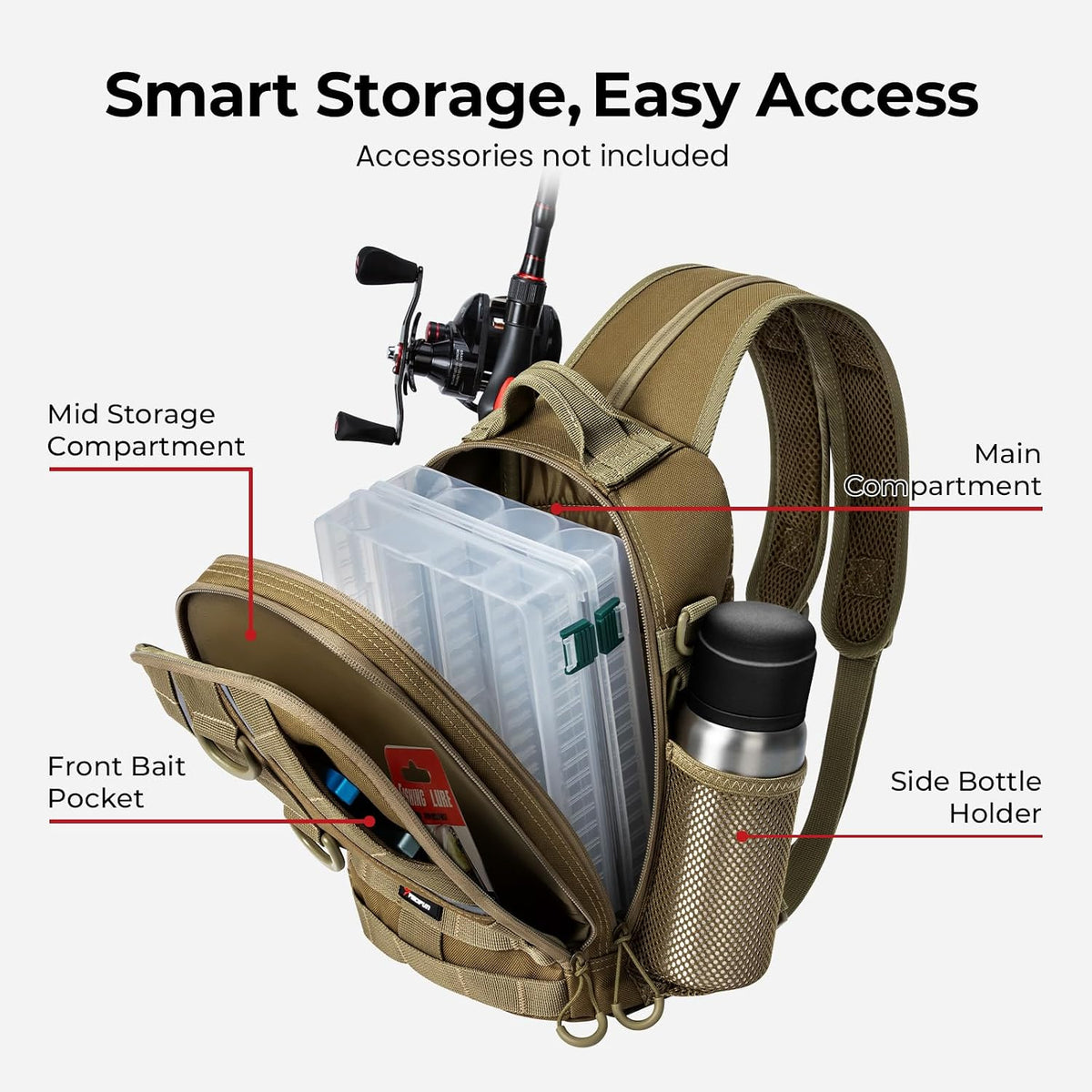 Piscifun Fishing Backpack, Rod Holders, Lightweight Sling Bag, Khaki