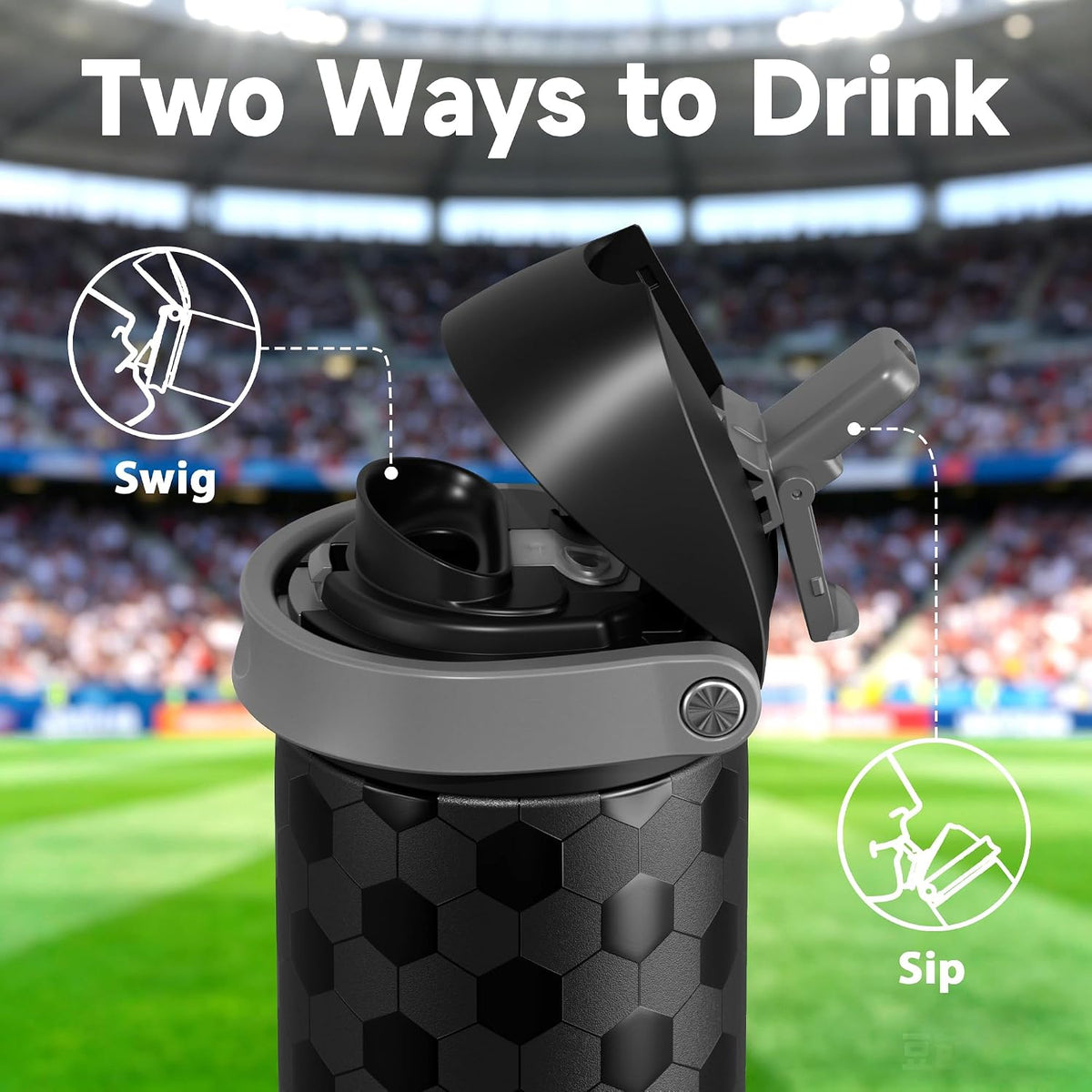 24 oz Insulated Water Bottle for Sports: Meoky Stainless Steel Soccer Water Bottle with 2-in-1 Lid - Leak Proof, Cold for 24 Hours, Fits in Car Cup Holder, Soccer Gifts for Boys Girls, Arena Night