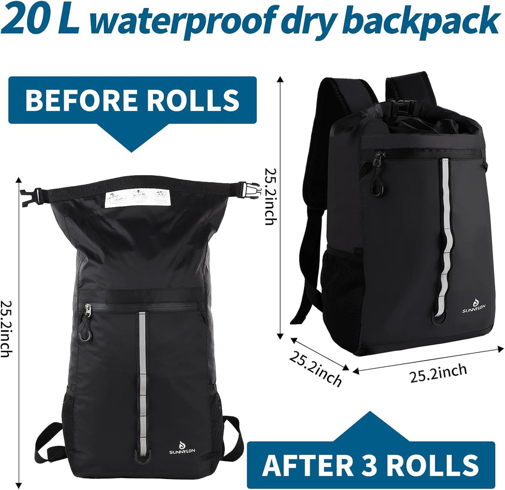 Dry Bag Backpack,20L Dry bags Waterproof Kayaking with Waist Pouch and Phone Case,Waterproof Backpack Marine dry bag for Kayaking,Beach,Rafting, Boating,Hiking,Camping and Fishing (Black)