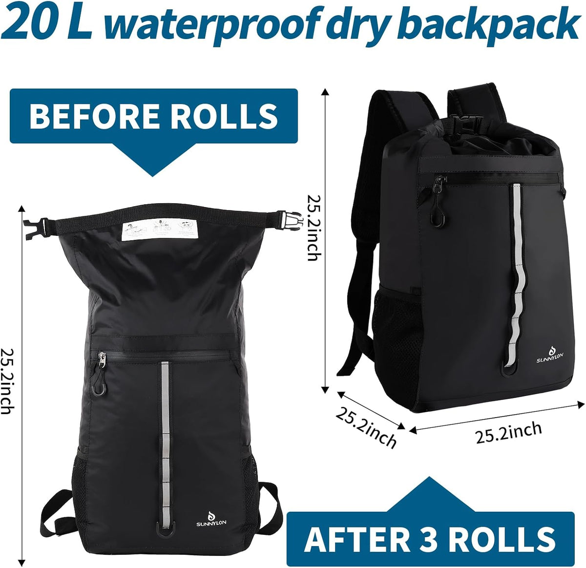 Dry Bag Backpack,20L Dry bags Waterproof Kayaking with Waist Pouch and Phone Case,Waterproof Backpack Marine dry bag for Kayaking,Beach,Rafting, Boating,Hiking,Camping and Fishing (Black)