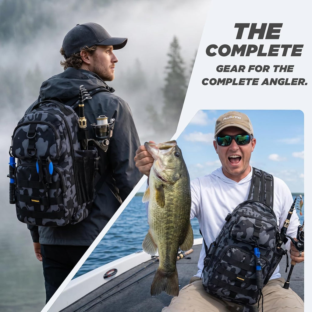 PLUSINNO Fishing Backpack with Fishing Rod &Tackle Boxes, Waterproof Sling Tackle Bag for Fish Gear with Rod Holder, Gifts for Men with Lures, Pliers, Fish Lip Gripper.