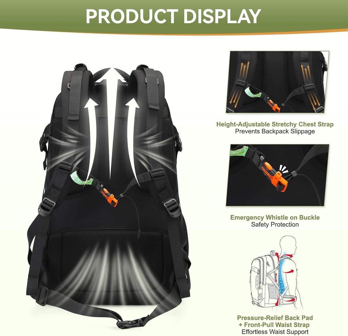 50L Hiking Backpack for Men Women, Waterproof Outdoor Daypack,Black