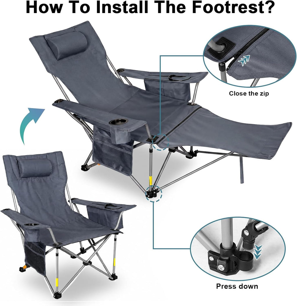 Romswi 2 Pack Reclining Camping Chairs with Removable Footrests, 4-Position Adjustable Lounge Chairs, 300 LBS Heavy Duty Folding Chairs with Cooler Bag, Cup Holder & Carry Bag, Grey