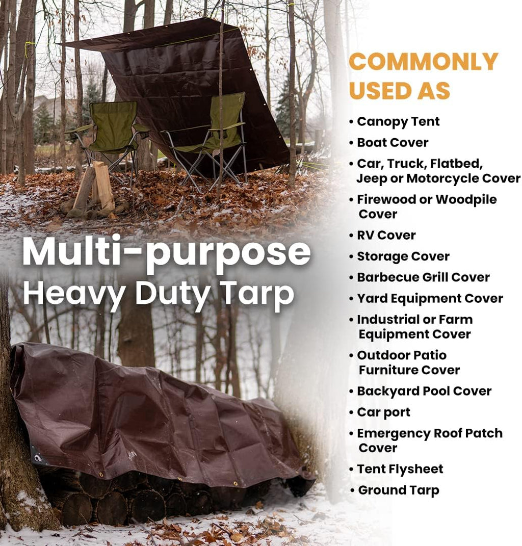 WHITEDUCK Super Heavy Duty Poly Tarp Cover 16 Mil with Grommets and Reinforced Edges (Brown- 16 Mil, 30' x 30')